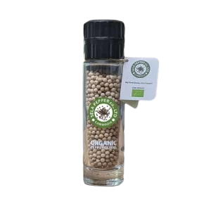 Organic White Peppercorn in Glass Bottle with Adjustable Grinder